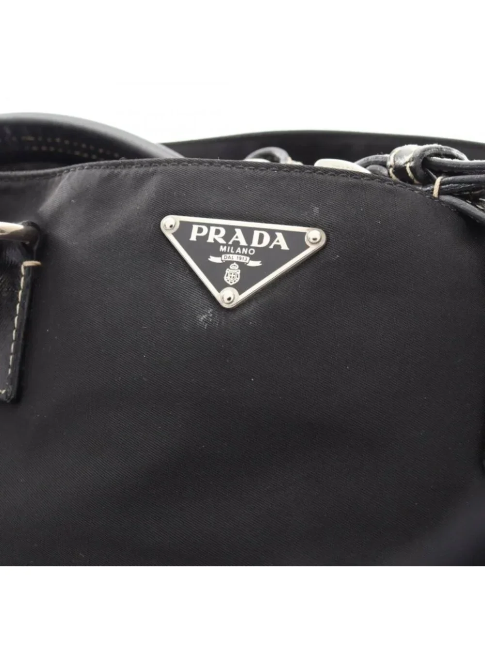 Prada Tote Triangle Logo Black Nylon Saffiano Leather